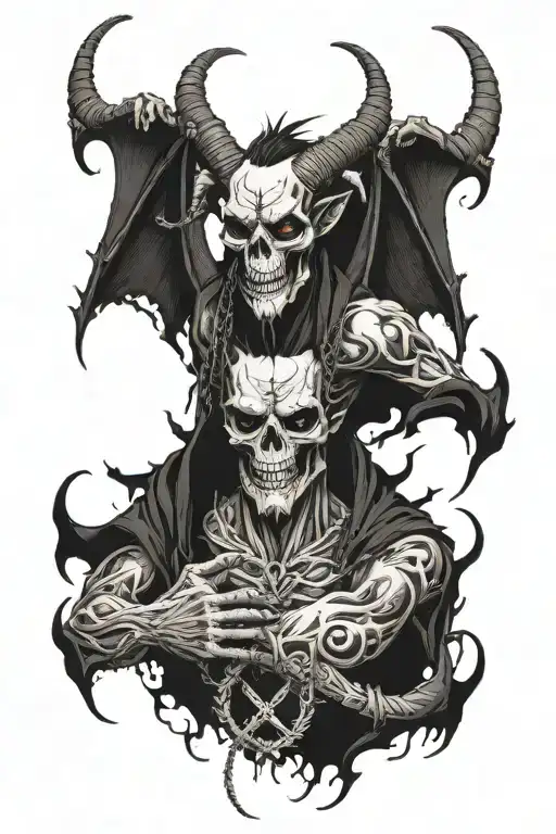 goat man. skull. he has big bat wings. fit. angry. flaming eyes. chain. fists. devily. tattoo design idea