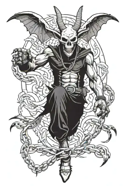 goat man. skull. big bat wings. fit. angry. flaming eyes. chain. fists. devily tattoo design idea
