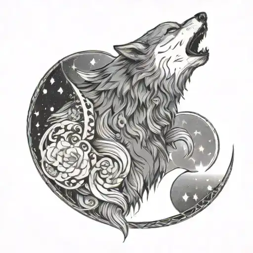A majestic wolf howling at a crescent moon, with the zodiac signs of Aries, Sagittarius, Virgo, Scorpio, Taurus, and Cancer subtly incorporated into the night sky tattoo design idea