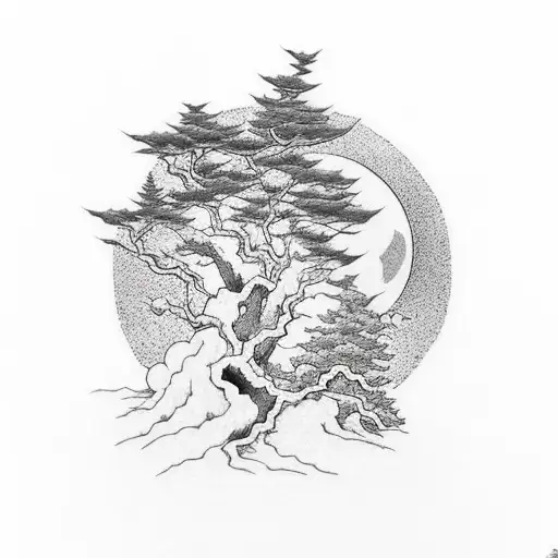 A kid is standing of a cliff , overlooking a small village with lots of trees  , and sun and moon present at the same ti tattoo design idea