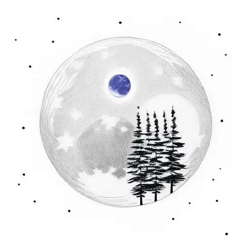 kid is standing of a cliff , overlooking a small village with lots of trees  , and sun and moon present at the same ti tattoo design idea