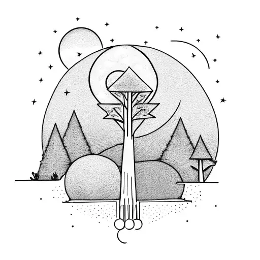 kid is standing of a cliff , overlooking a small village with lots of trees  , and sun and moon present at the same ti tattoo design idea