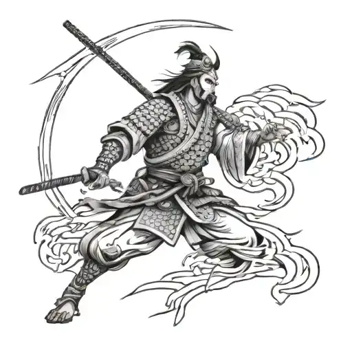 Japanese warrior, samauri, bushido, messy art, from side view tattoo design idea
