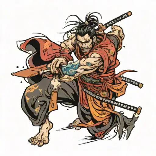 Japanese warrior, samauri, bushido, messy art, side point of view, ready to fight tattoo design idea