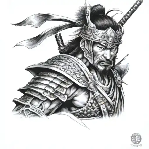 Japanese warrior, samauri, bushido, messy art, side point of view tattoo design idea