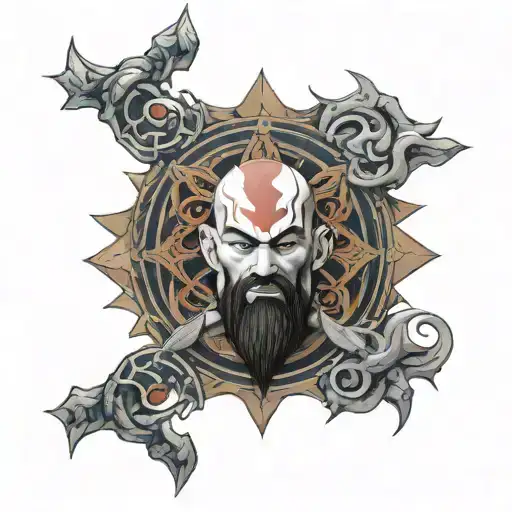 kratos, blades of chaos, runes, mandala, symbols, storylike tattoo design idea