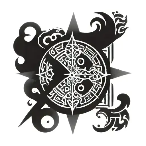 kratos, blades of chaos, runes, symbols, storylike in a mandala like heiroglyphics tattoo design idea