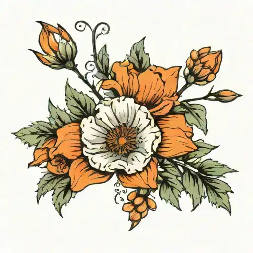 orange poppy, yucca flower, apple blossom branch  tattoo design idea