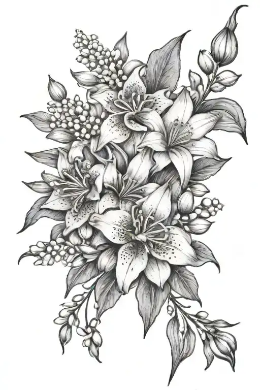bouquet of Larkspur, Water Lily, and Lily Of The Valley tattoo design idea
