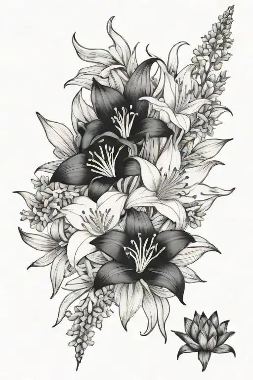 valley of lily flowers and larkspur flowers and water lily flowers intertwined bouquet  tattoo design idea