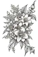 bouquet of Larkspur, Water Lily, and Lily Of The Valley tattoo design idea