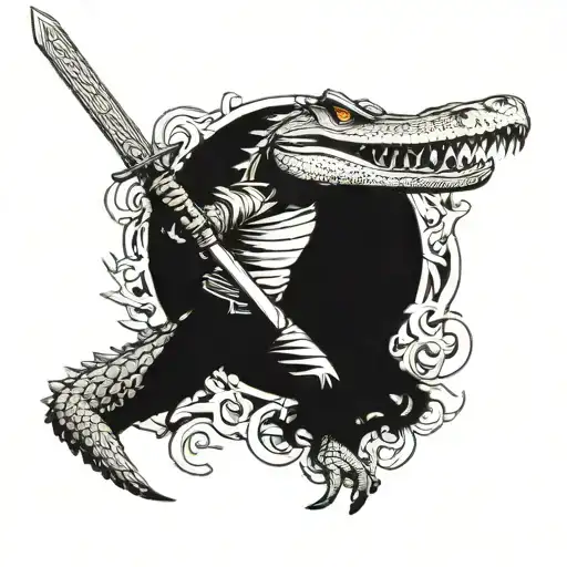 A fantasy-themed tattoo of a crocodile warrior wielding a gaming sword tattoo design idea
