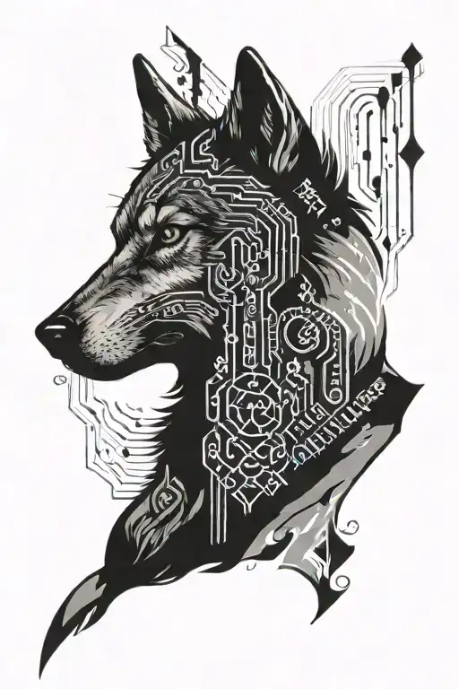 A coding-themed tattoo of a wolf surrounded by binary code with the phrase 'I can do all things through Christ who strengthens me' (Philippians 4:13) tattoo design idea