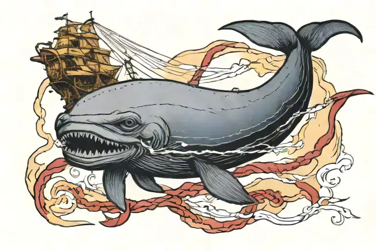 a grizzled sperm whale with broken harpoons stuck in it  tattoo design idea