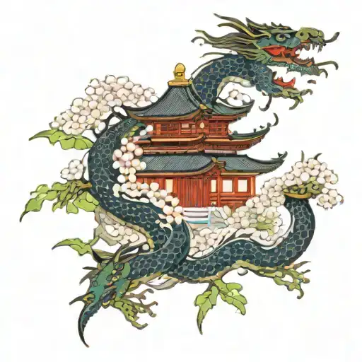 Japanese temple surrounded by dragon wrapped and blossom tree   tattoo design idea