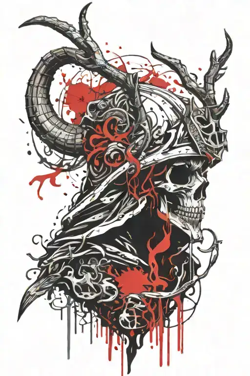 Hooded reaper silhouette with snake and deer head tattoo design idea