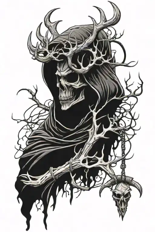 Hooded reaper silhouette with deer antlers and snke coiling tattoo design idea