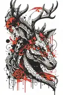 Viper Snake and Deer Head with Antlers crossed together tattoo design idea