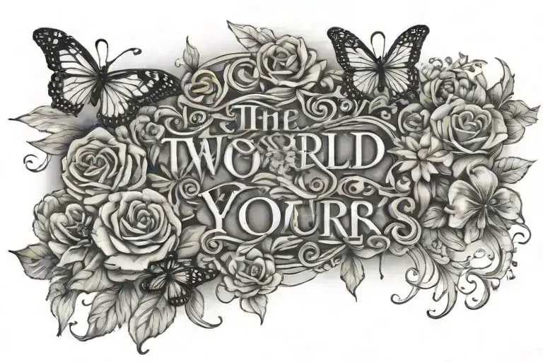 the world is yours written with flowers and butterflies tattoo design idea