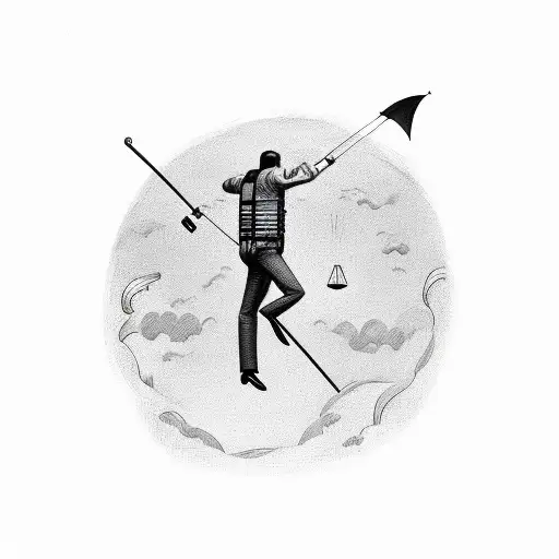 3 men floating off into space each holding an umbrella with curved handle tattoo design idea