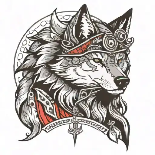 mountain, wolf head, warrior holding tattoo design idea