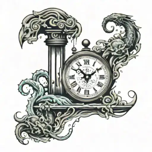 clock in water with Gemini and Scorpio coming tattoo design idea