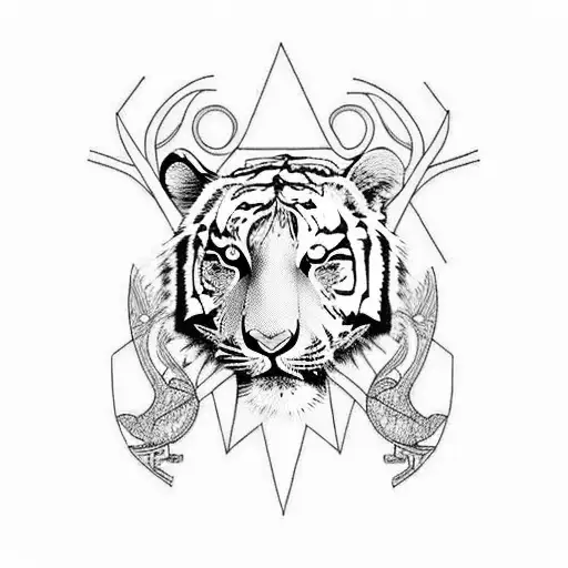 a half faced tiger and deer face, with a swan and dove included in it tattoo design idea
