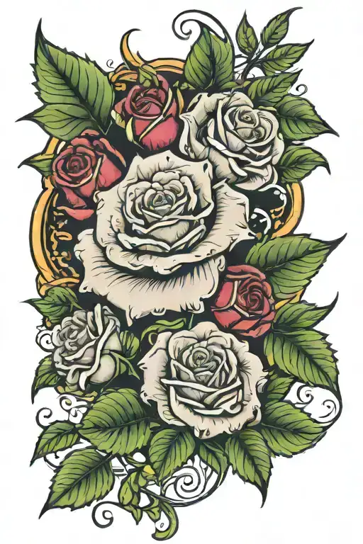 name Tabatha with 3 roses surrounding the name tattoo and a vine with 3 thorns going across under the tattoo tattoo design idea