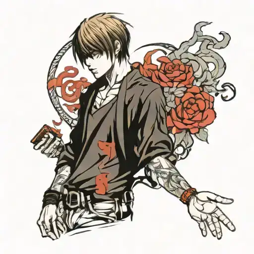 Full-arm tattoo starting from the wrist to the shoulder. At the wrist, Light Yagami from 'Death Note' holding his notebo tattoo design idea