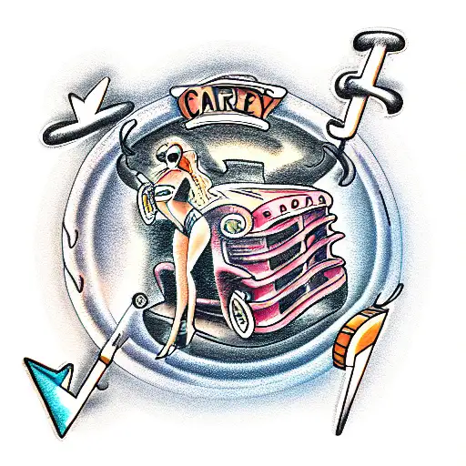 Car and money and girls tattoo design idea