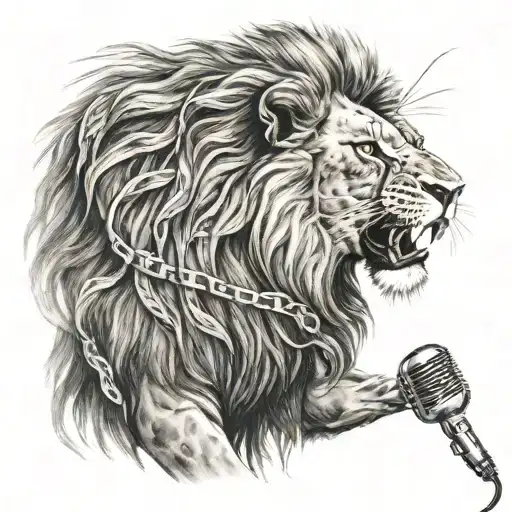 A realistic lion with a microphone, symbolizing the roar of the music tattoo design idea