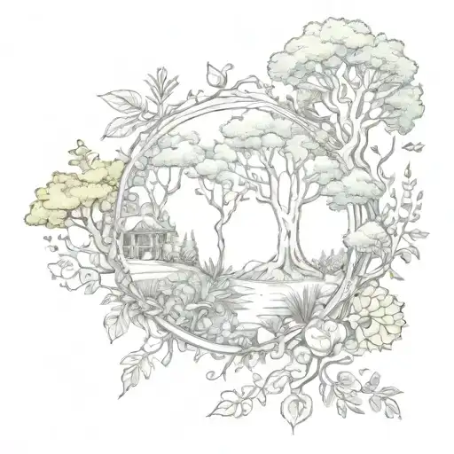 A detailed tattoo of a sacred forest with hidden Ayurvedic symbols and healing plants scattered throughout tattoo design idea