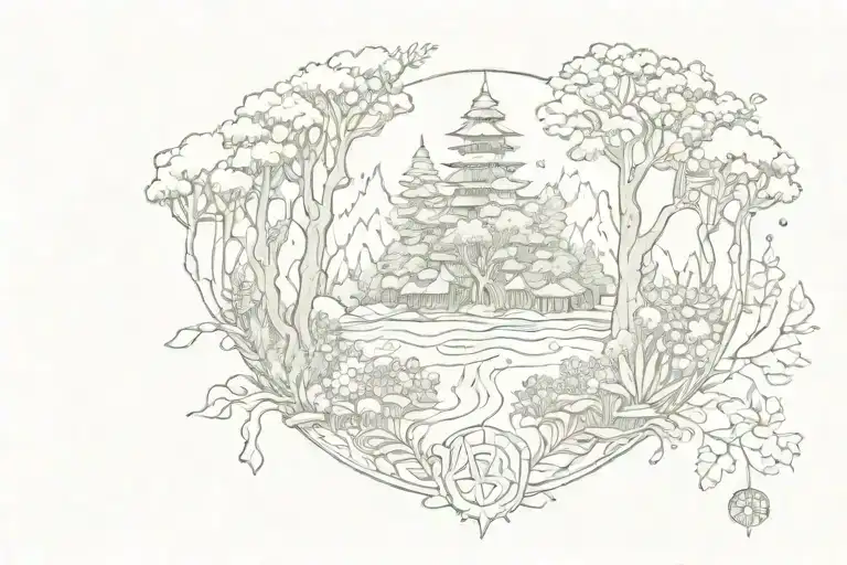 A detailed tattoo of a sacred forest with hidden Ayurvedic symbols and healing plants scattered throughout tattoo design idea