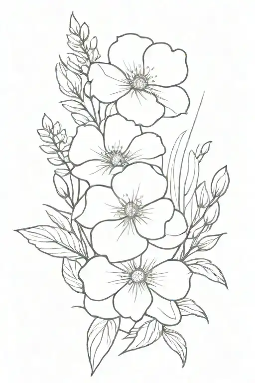 Bouquet of birth flowers with "no rain no flowers" tattoo design idea