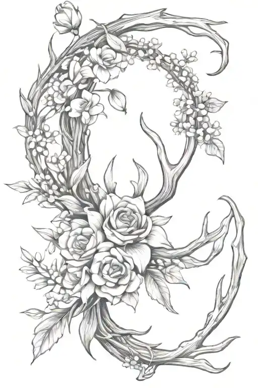 one singular whitetail antler vertical with roses, lily of the valley, daffodils, and irises intertwined throughout  tattoo design idea