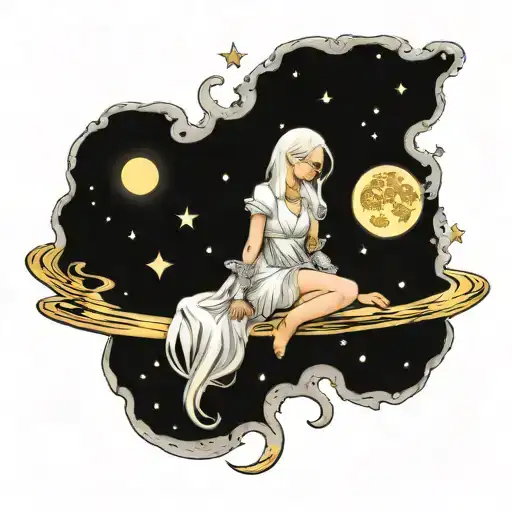 albino girl sitting on the moon in glittery fashion tattoo design idea