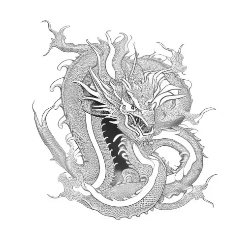 A detailed blackwork tattoo of a dragon curled around a famous Asian tourist spot tattoo design idea