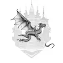 A blackwork tattoo of a dragon flying over a famous architectural landmark tattoo design idea