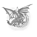 A blackwork tattoo of a dragon flying over a famous architectural landmark tattoo design idea