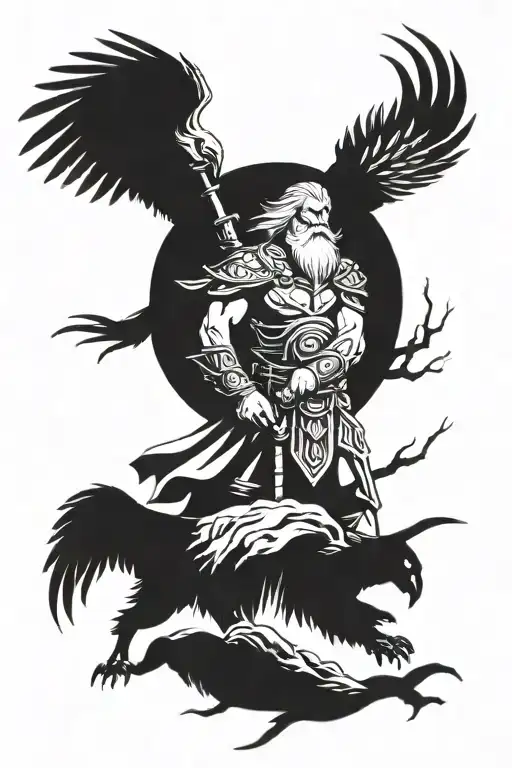 Odin surrounded by ravens and lightning tattoo design idea