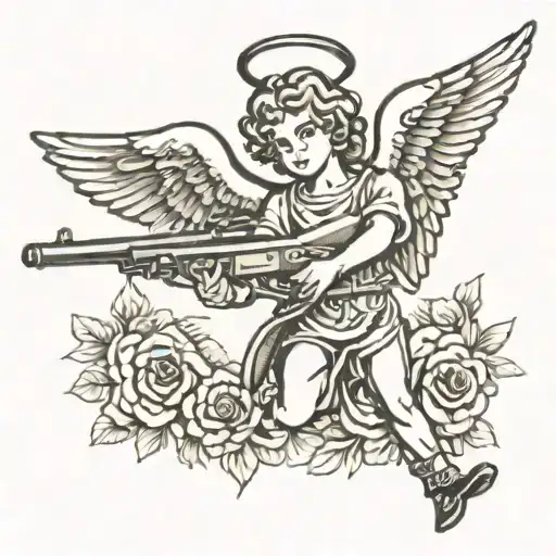 angel holding a shotgun upward surrounded tattoo design idea