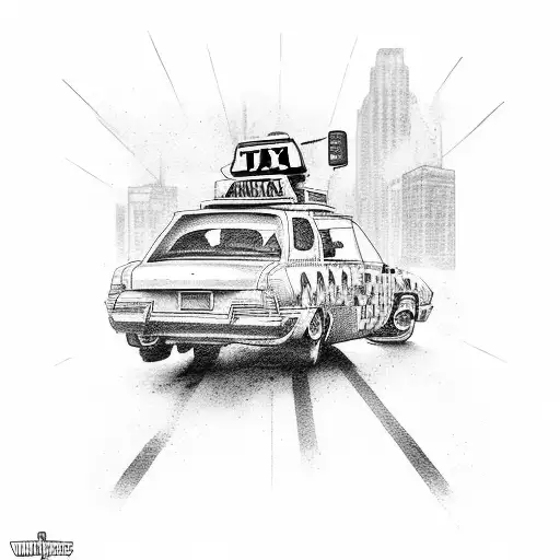 Create a tattoo featuring a taxi driving through a Call of Duty warzone with a family portrait in the background tattoo design idea