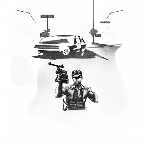 Illustrate a scene of a taxi driver playing Call of Duty with their family cheering them on in the background tattoo design idea