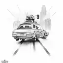 Create a tattoo featuring a taxi driving through a Call of Duty warzone with a family portrait in the background tattoo design idea