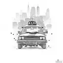 Create a tattoo featuring a taxi driving through a Call of Duty warzone with a family portrait in the background tattoo design idea