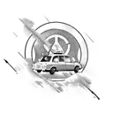 Create a tattoo featuring a taxi driving through a Call of Duty warzone with a family portrait in the background tattoo design idea