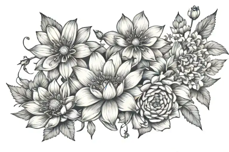 cosmos, larkspur, forget me nots, water lily, marigolds tattoo design idea
