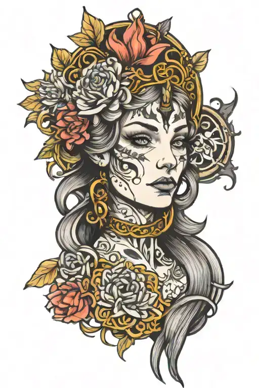 Freya goddess and neckle and Divine feminine  tattoo design idea