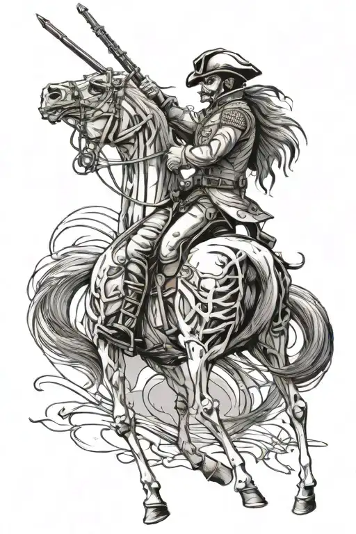 A revolutionary war solder but as a skeleton, they are riding a horse who is in a stance where the horse is up on its hi tattoo design idea