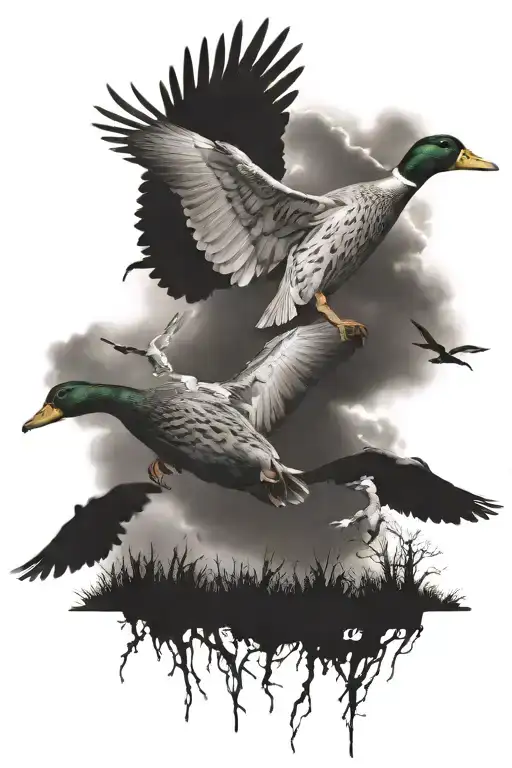 duck hunting in flight with a pound dog and lightning tattoo design idea